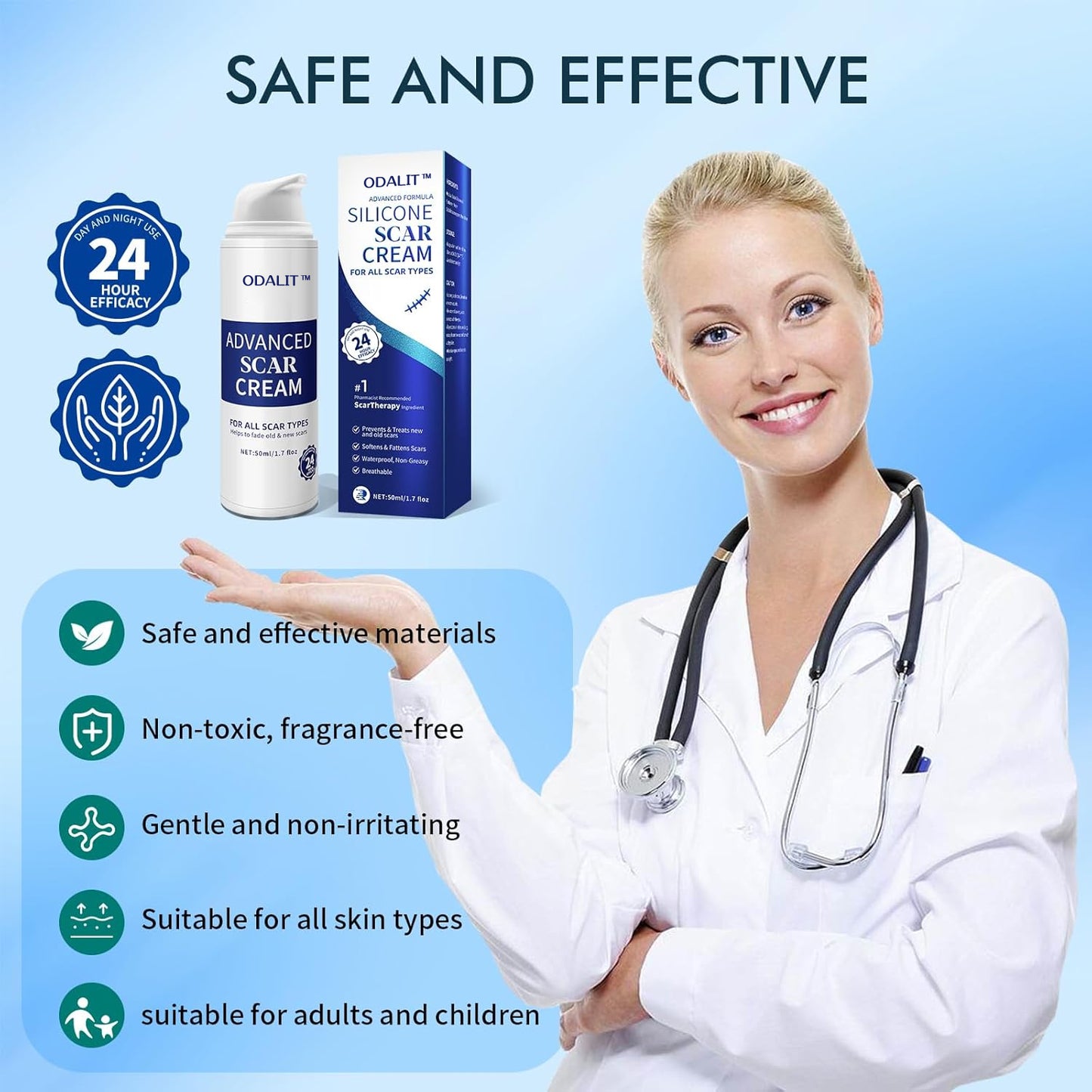 ODALIT™ Scar Cream Gel, Advanced Silicone Scar Gel, Professional Scar Removal Cream for Surgical Scars, Stretch Mark, Keloid Bump, C-Section, Old and New Scars