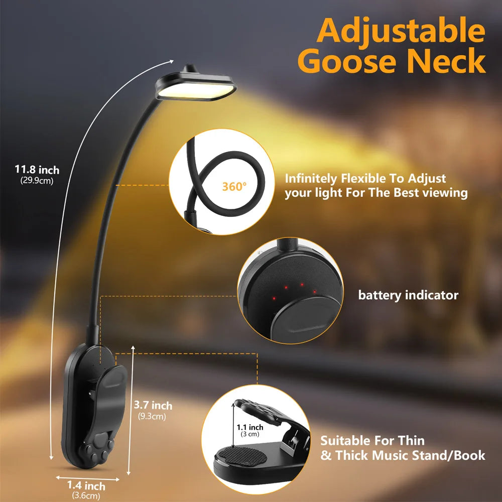 Rechargeable LED Clip-On Book Light with 3 Colors & Flexible Gooseneck