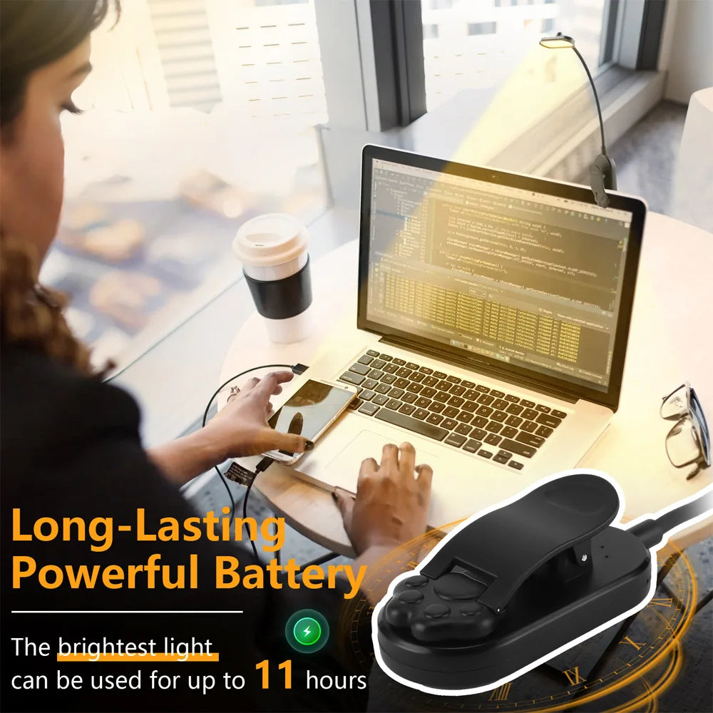 Rechargeable LED Clip-On Book Light with 3 Colors & Flexible Gooseneck