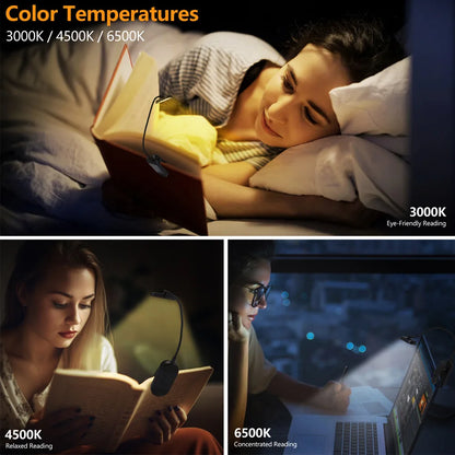 Rechargeable LED Clip-On Book Light with 3 Colors & Flexible Gooseneck